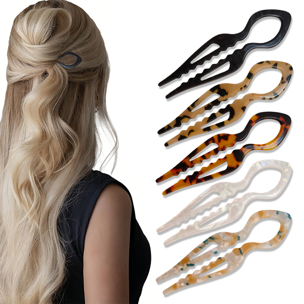 Tech Accessories Women - U-förmige Haarstäbchen, Schildpatt, Acryl, rutschfeste Haarnadel