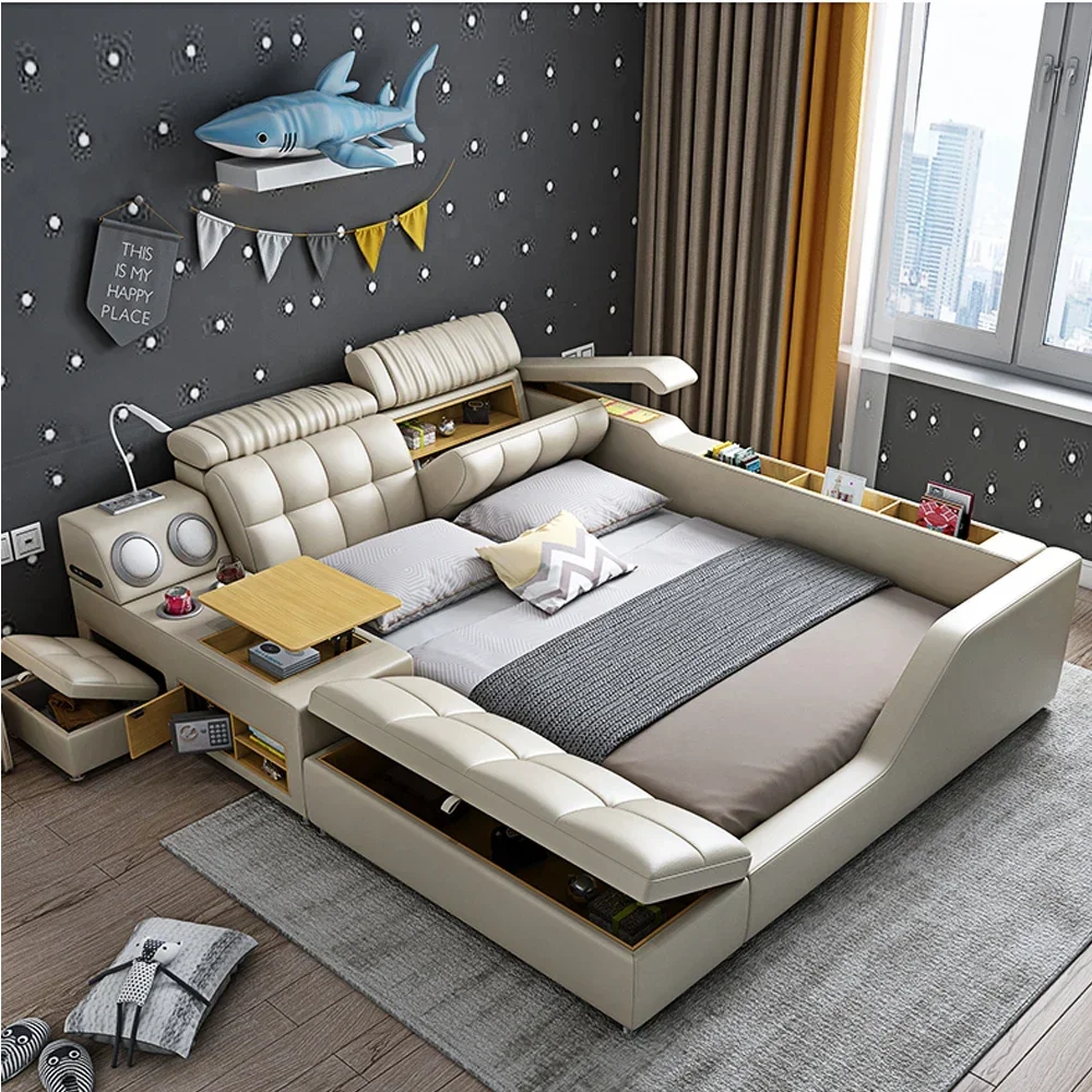 Tech Queen - Modernes Multifunktionales Tech-Smart-Bett mit Stauraum, Lautsprechern,