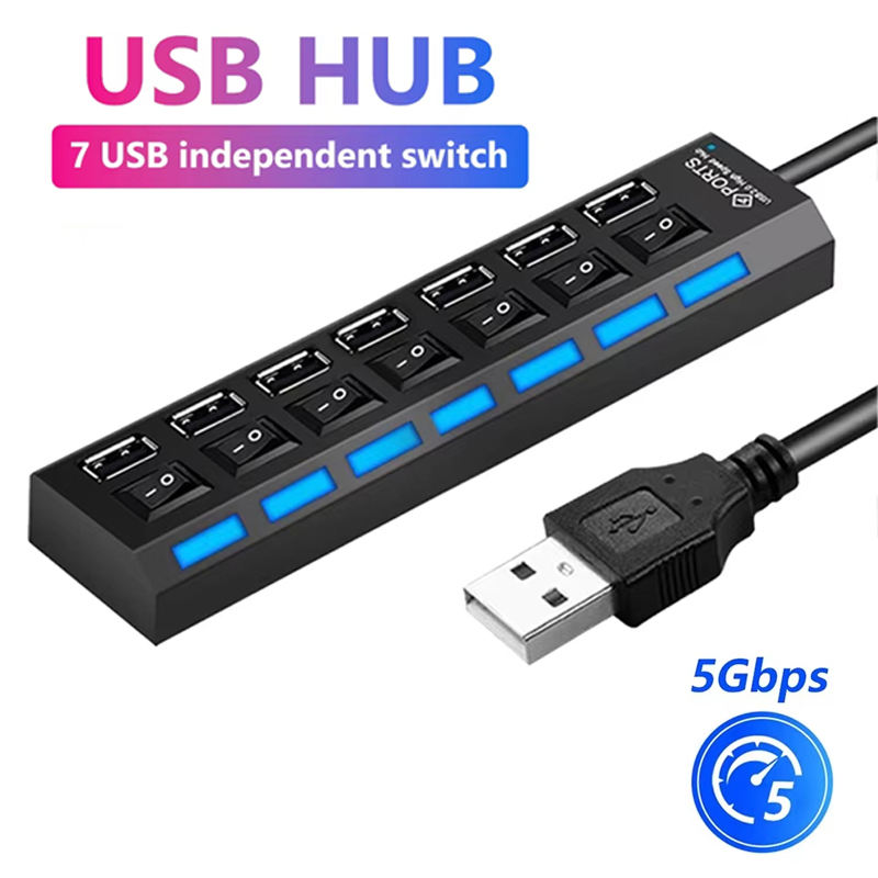 Usb Hub 7 Port - 7-Port-USB-2.0-Hub-Splitter für Laptop-Computerzubehör, LED-Anzeige, unabhängige Steuerung,